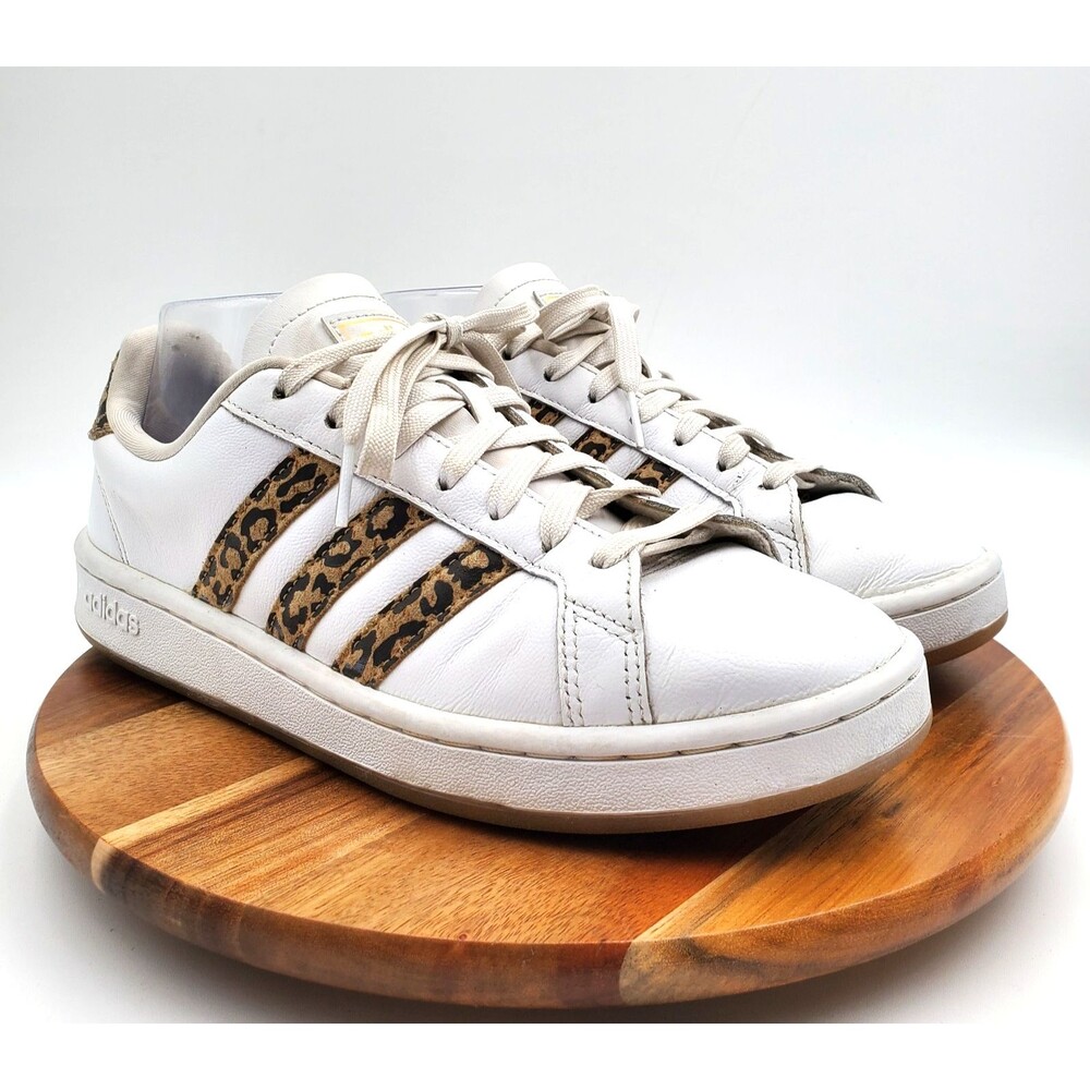 Adidas Tennis Shoe Women's 8 White Leather Cheetah Stripe Casual Sneaker Comfort